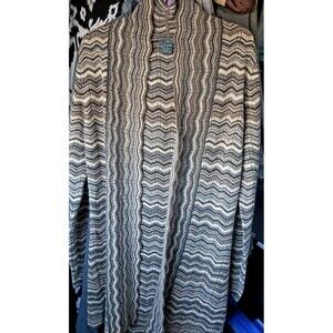 100% Cashmere Gray Tan Long Sleeve Cardigan Zig Zag Print Looks New